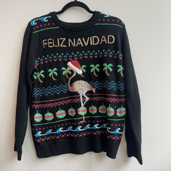 Poof New York Womens Sweater Christmas Sequin Flamingo Feliz Navidid Crewneck Bl - Picture 1 of 7
